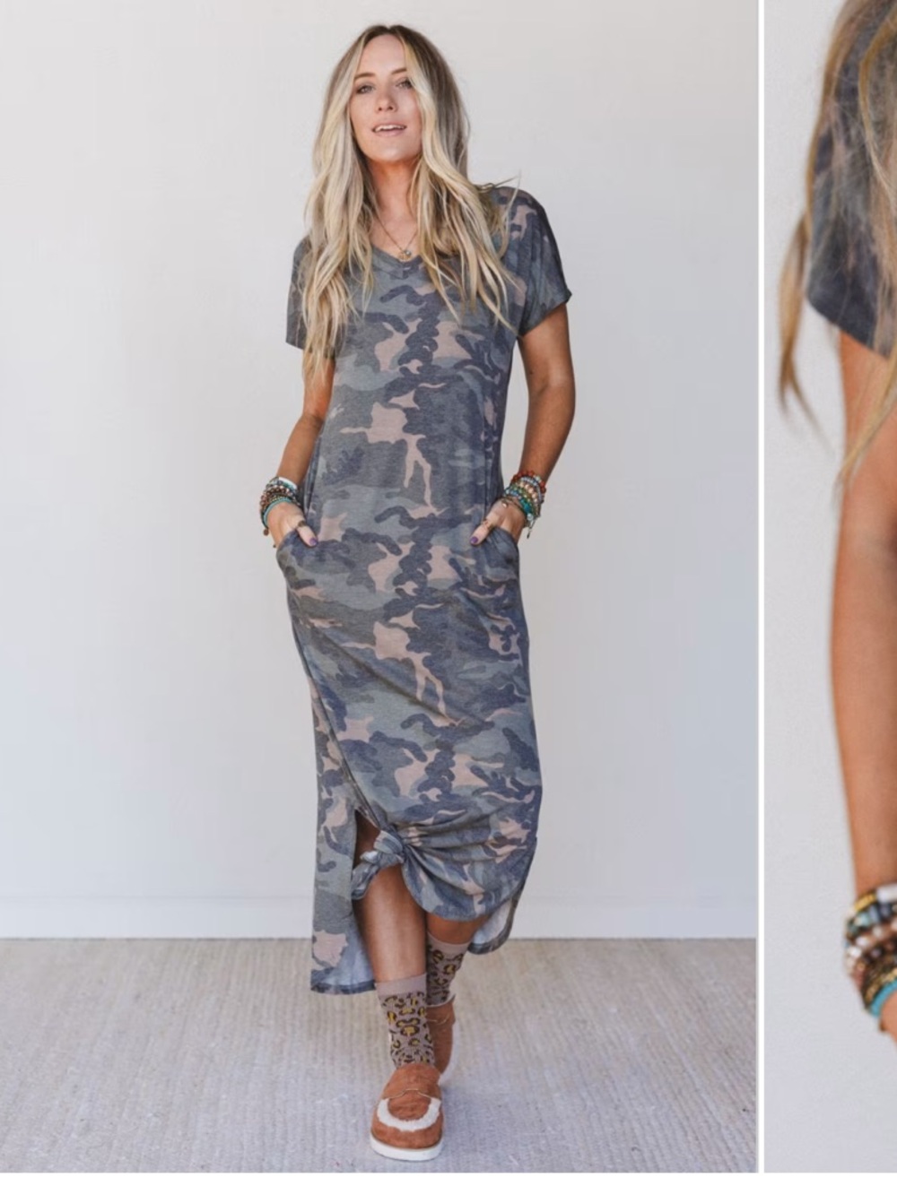 Three Bird Nest Olive Camo V-Neck Short Sleeve Maxi Dress